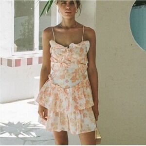 Sabo Skirt Selma Cami Ruffle‎ Tiered Dress Size S White Orange Yellow Floral